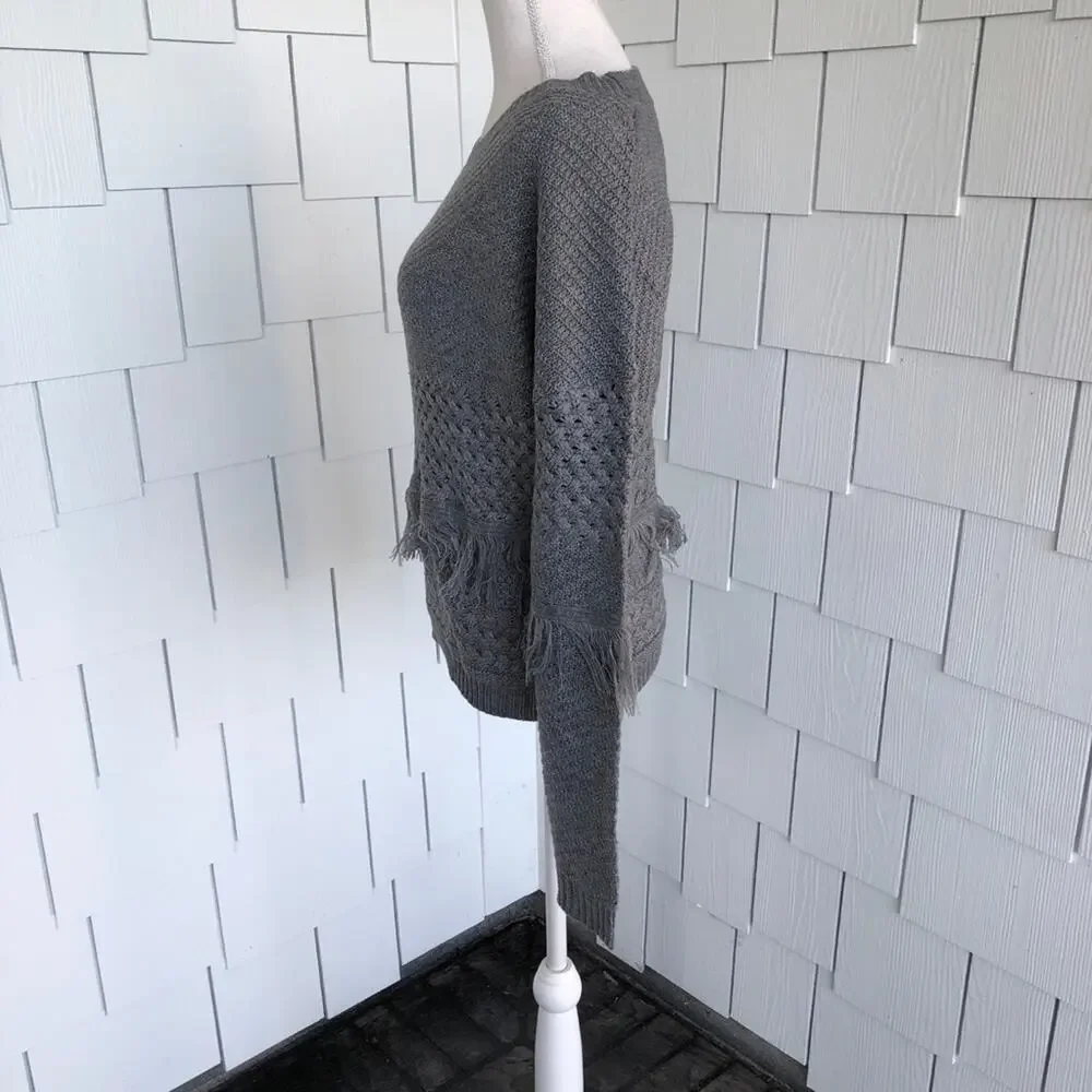 BB Dakota Women's Grey Candace Sweater with Hip and Forearm Fringe Detail sz S
